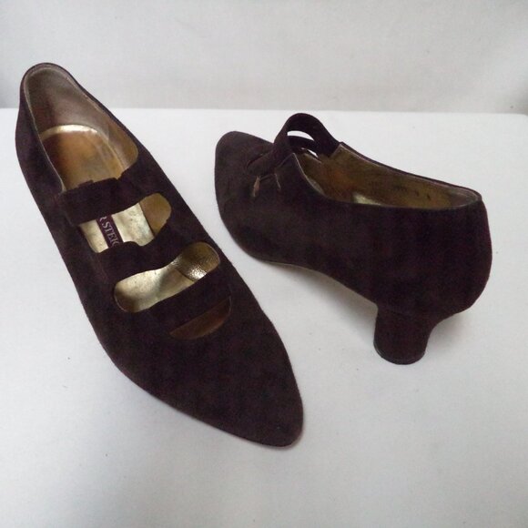 Walter Steiger Vintage Suede pumps heels brown Italy 3 strap mary jane Size Sz 9